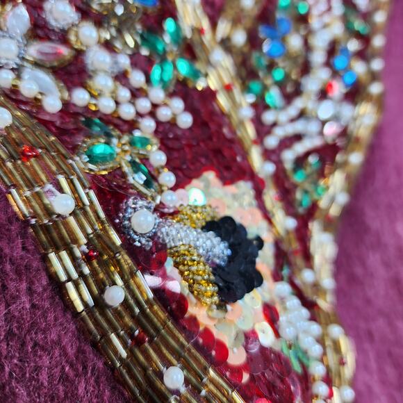 Vintage 80s Shannan Womens Sweater Large Angora Wool Garnet Red Sequin Beaded - Picture 9 of 10